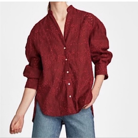 Zara Rusty Red Eyelet Button-Up Blouse - Picture 3 of 12